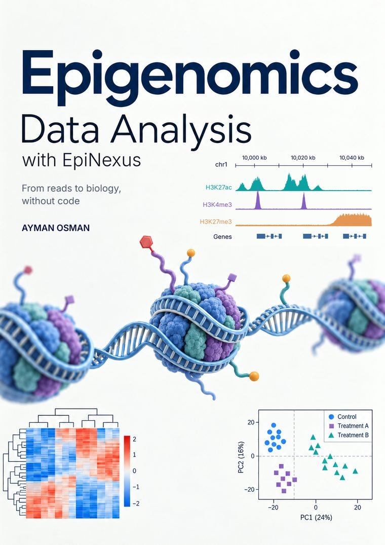 Book cover: the title Epigenomics Data Analysis with EpiNexus, the subtitle From reads to biology, without code, and the author Ayman Osman, with a genome-browser panel of H3K27ac, H3K4me3 and H3K27me3 tracks, nucleosomes on a DNA strand, a heatmap and a PCA plot.