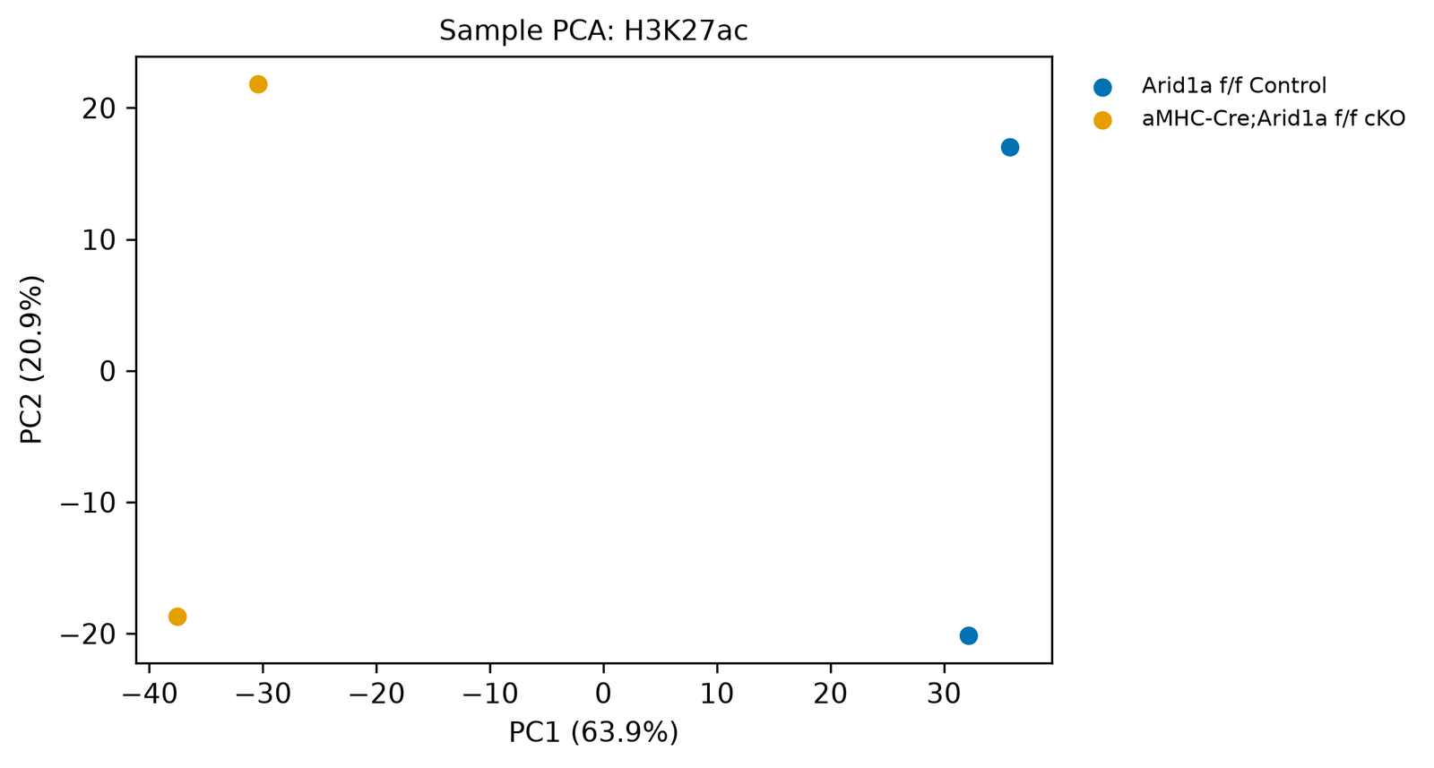 Scatter plot of PC1 (63.9 %) against PC2 (20.9 %). Two orange points (knockout) sit on the left at PC1 about −30 and −37; two blue points (control) on the right at PC1 about 32 and 36. In each condition one point is at PC2 about 20 and the other at about −20.