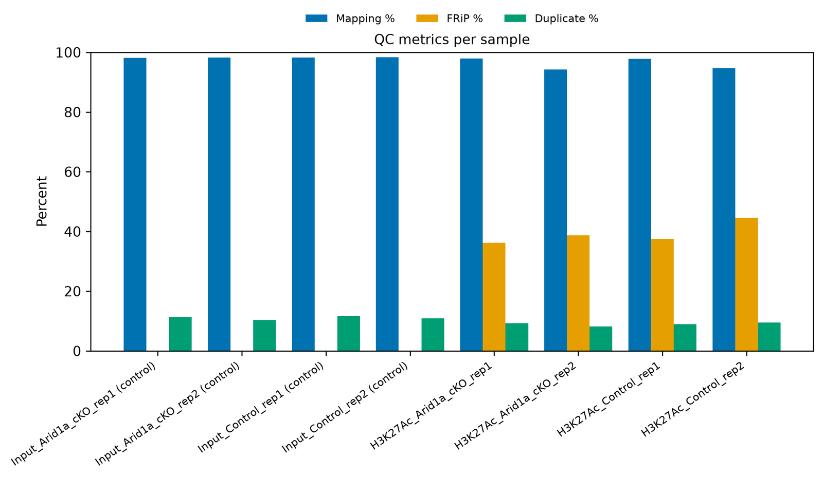 Grouped bar chart of mapping rate, FRiP and duplicate rate for four input and four H3K27ac libraries. Mapping is about 94–98 % for all; FRiP is 36–45 % for the H3K27ac libraries and absent for inputs; duplicates are 8–12 %.