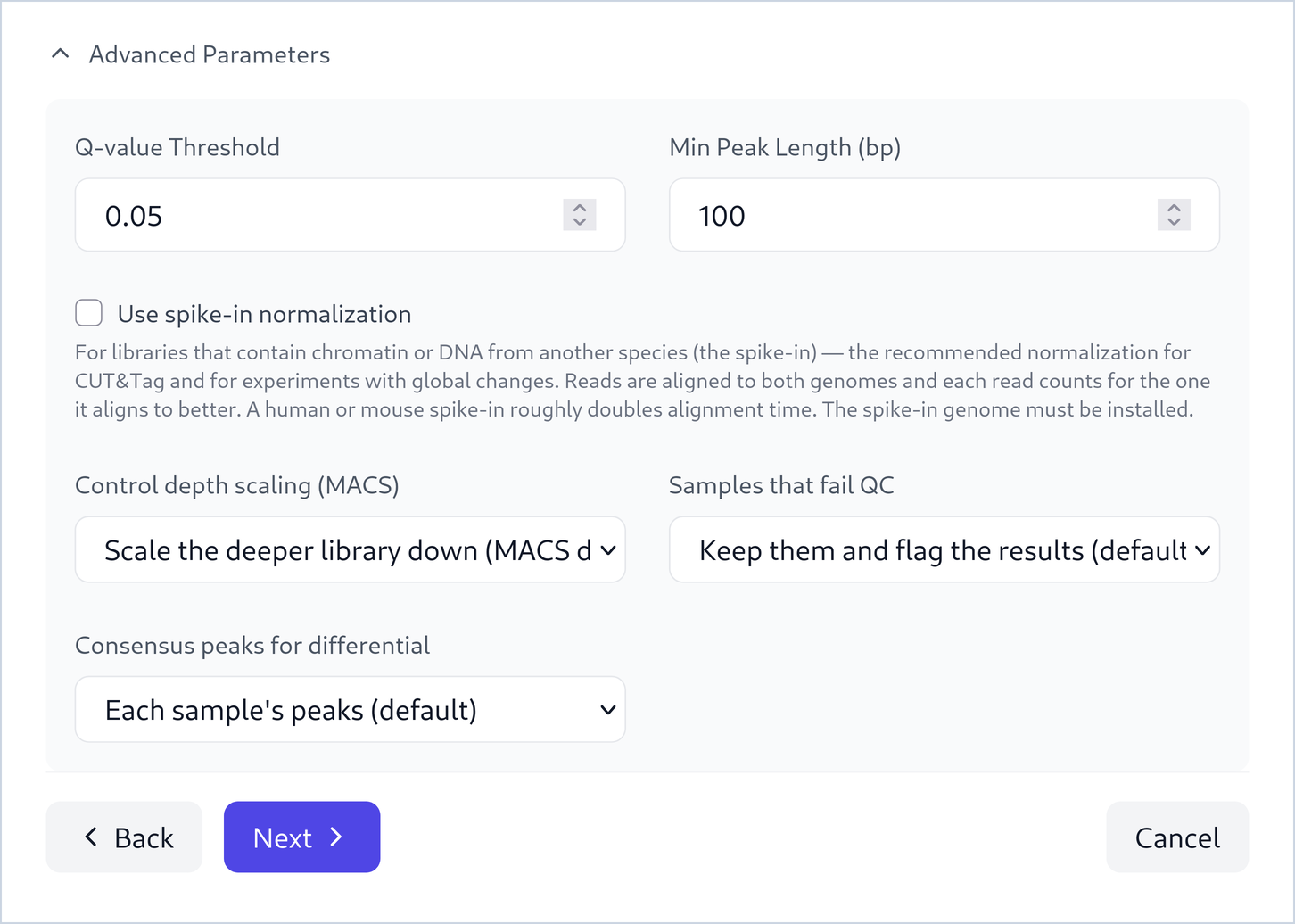 The Advanced Parameters section: Q-value Threshold 0.05, Min Peak Length 100, Use spike-in normalization (off), Control depth scaling (MACS), Samples that fail QC set to Keep them and flag the results (default), and Consensus peaks for differential set to Each sample's peaks (default).