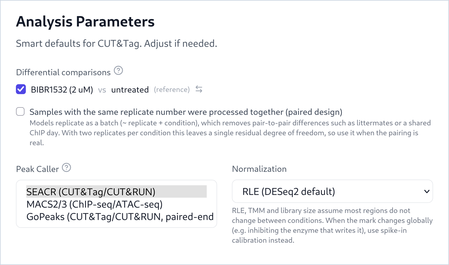 The Analysis Parameters step for a CUT&Tag run comparing BIBR1532 (2 uM) with untreated. The Peak Caller list shows three choices: SEACR (CUT&Tag/CUT&RUN), selected; MACS2/3 (ChIP-seq/ATAC-seq); and GoPeaks (CUT&Tag/CUT&RUN, paired-end only). Normalization is RLE (DESeq2 default).