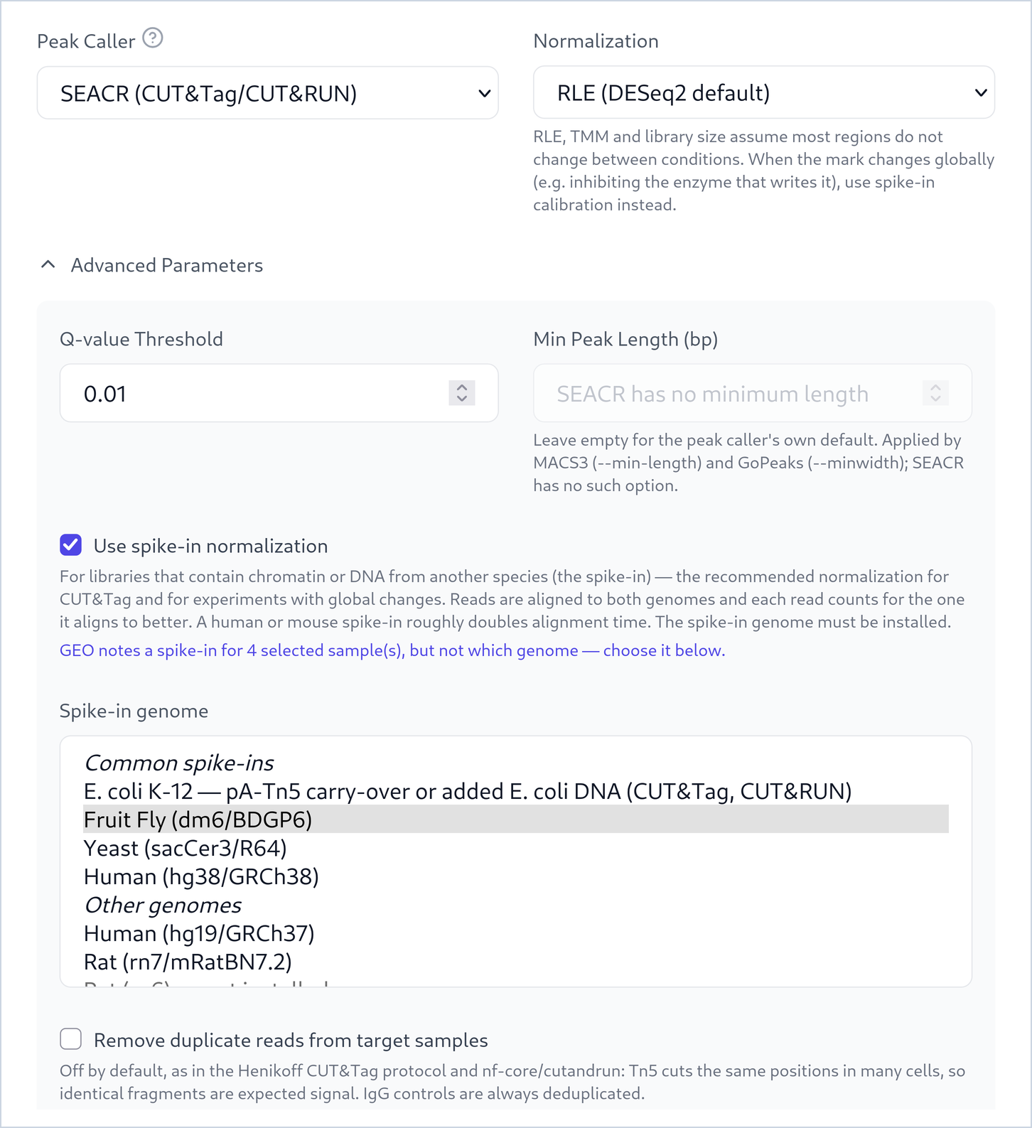 Part of the Parameters step: Peak Caller SEACR, Normalization RLE, Q-value Threshold 0.01, Min Peak Length empty because SEACR has no minimum length, a ticked box Use spike-in normalization with its explanation, a list of spike-in genomes with Fruit Fly (dm6/BDGP6) selected, and an unticked box Remove duplicate reads from target samples.