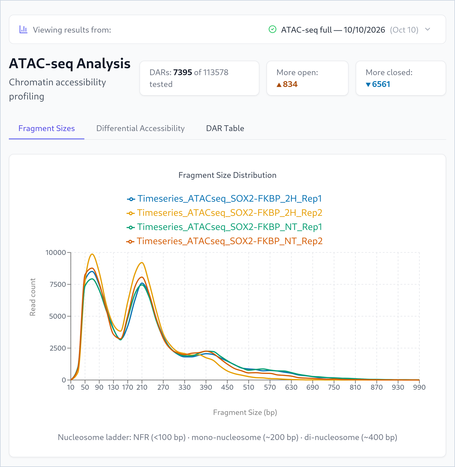 The ATAC-seq Analysis page: cards DARs 7,395 of 113,578 tested, more open 834, more closed 6,561; tab Fragment Sizes with a line chart of read count against fragment size from 10 to 990 bp for the four libraries. Each curve has a high peak near 60–70 bp, a second peak near 210 bp and a small bump near 390 bp.