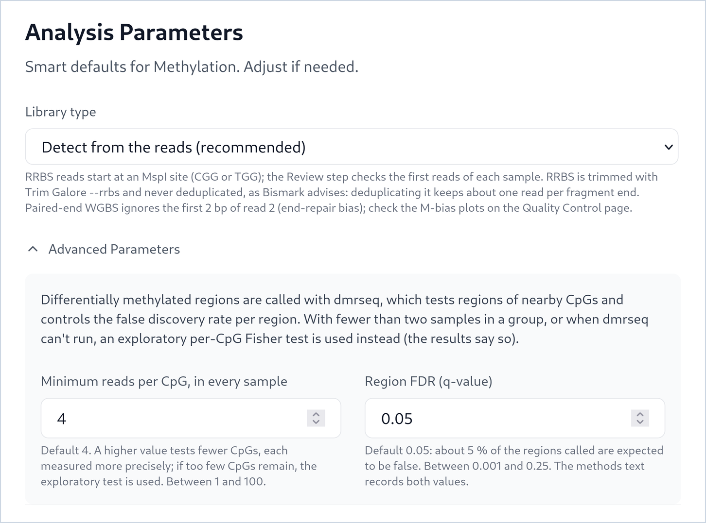 The Analysis Parameters step: Library type Detect from the reads (recommended) with an explanation of RRBS trimming; an open Advanced Parameters box explaining dmrseq and its Fisher fallback, with Minimum reads per CpG, in every sample set to 4 and Region FDR (q-value) set to 0.05.