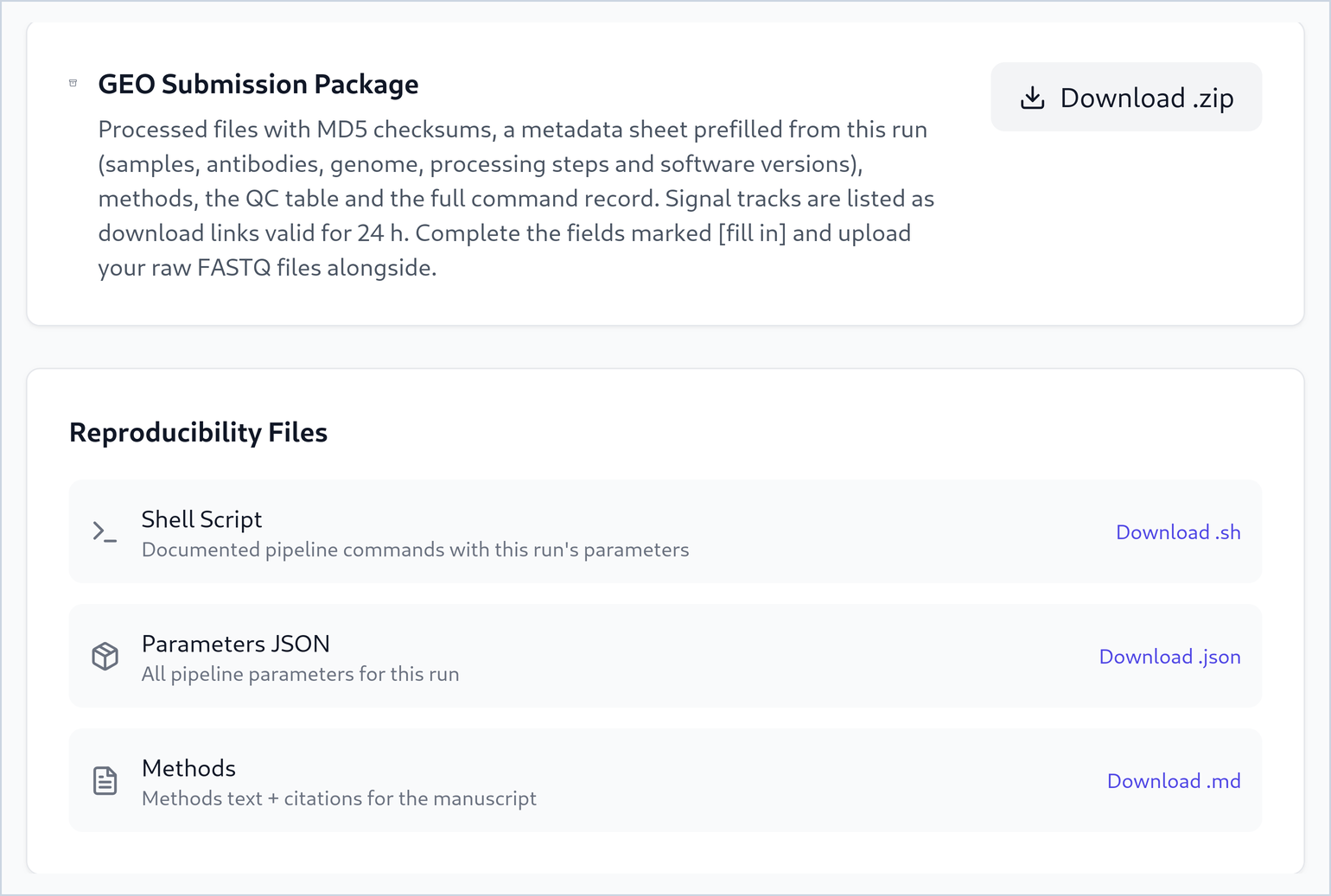Two boxes: GEO Submission Package, with a description of its contents and a Download .zip button; and Reproducibility Files, with Shell Script (Download .sh), Parameters JSON (Download .json) and Methods (Download .md).